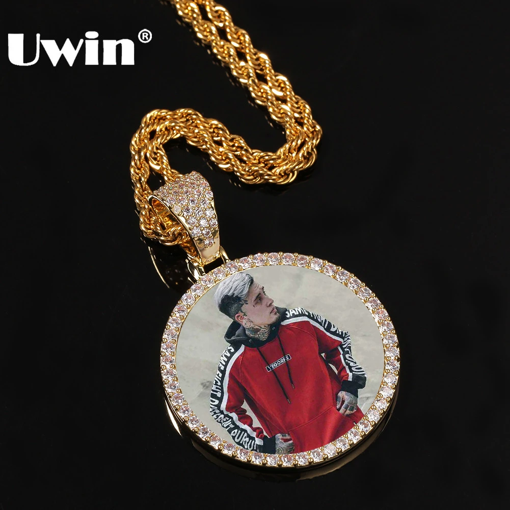 

UWIN Cubic Zirconia Custom Made Photo Pendant Necklace Soild Back Full Iced Out Round Tag Hiphop Jewelry Gifts