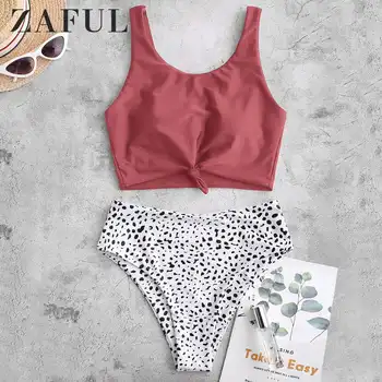 

ZAFUL Cherry Red Women Knot Dalmatian Print High Waisted Tankini Swimsuit Removable Padded Scoop Neck Cute Tank Top Swimwear