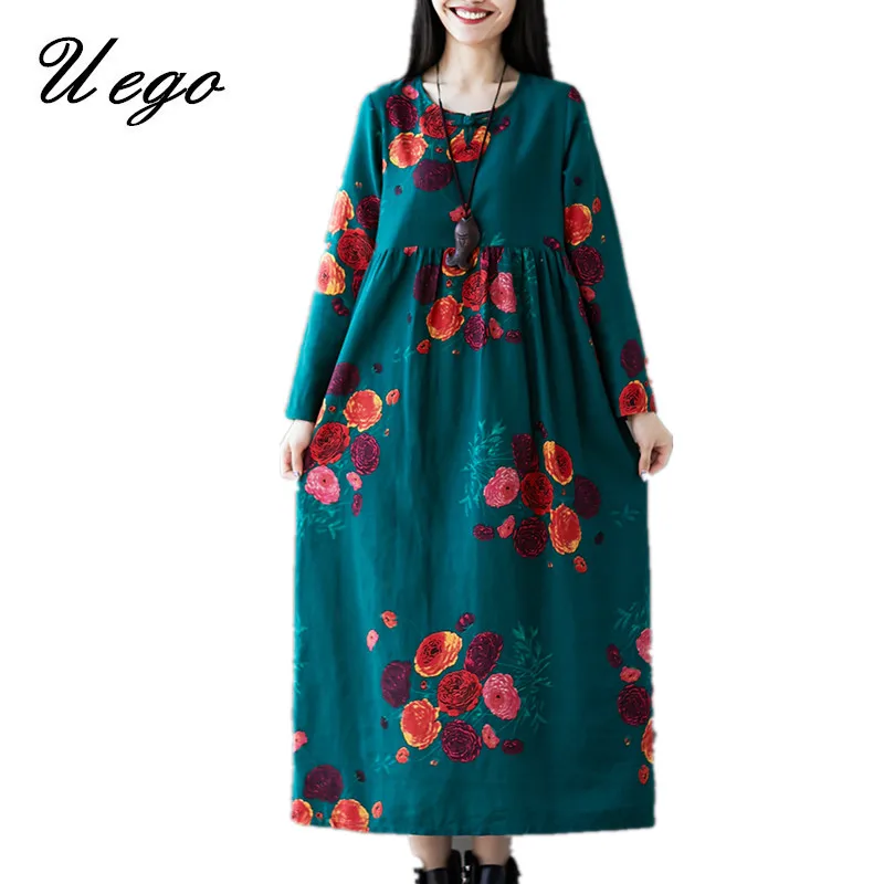 Uego 2019 New Arrival Long Sleeve Autumn Print Floral Cotton Linen Chinese Style Vintage Dress Plus Size Women Casual Midi Dress
Uego 2019 New Arrival Long Sleeve Autumn Print Floral Cotton Linen Chinese Style Vintage Dress Plus Size Women Casual Midi Dress