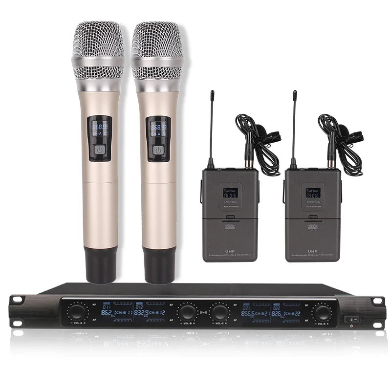 4-channel wireless microphone system 2 handheld 2 lavalier microphones for stage performance, teaching, presentation
4-channel wireless microphone system 2 handheld 2 lavalier microphones for stage performance, teaching, presentation