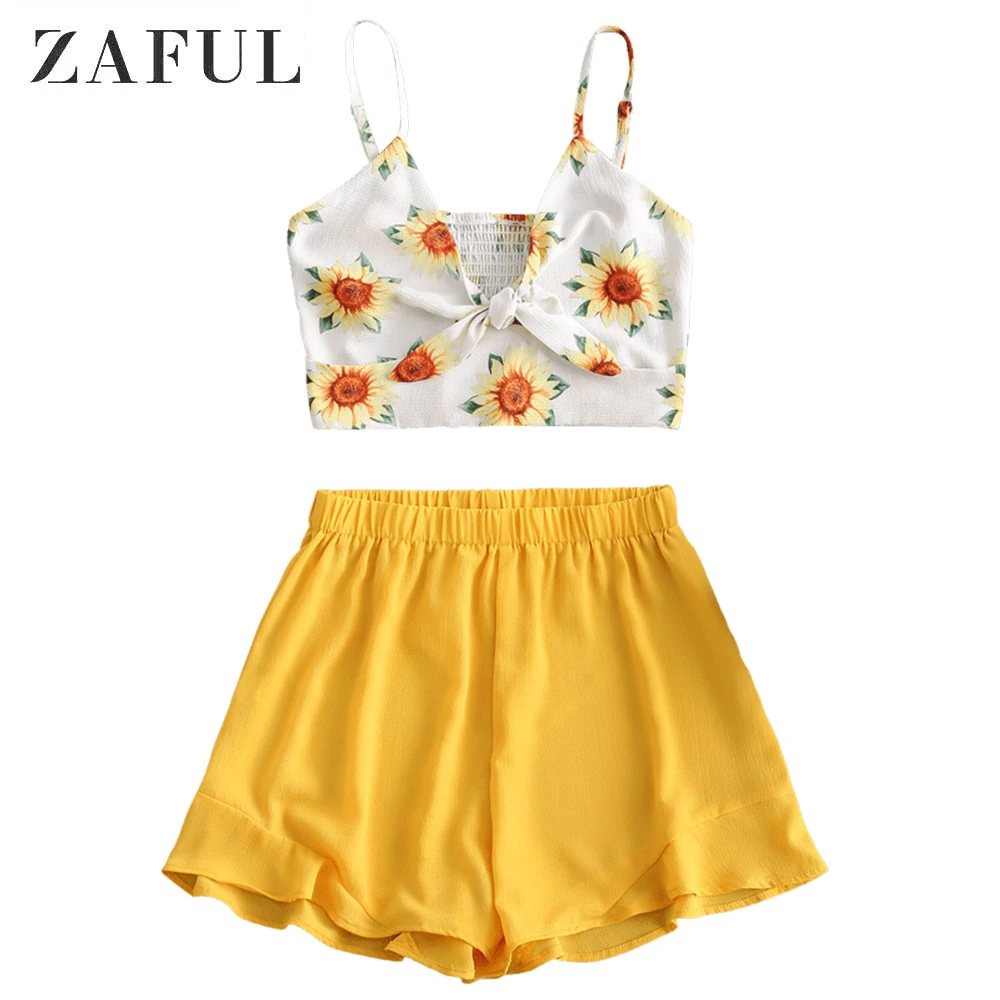 

ZAFUL Knotted Sunflower Smocked Cami Top And Shorts Set High Waist Spaghetti Straps Sleeveless Two Pieces Set Women Streetwear