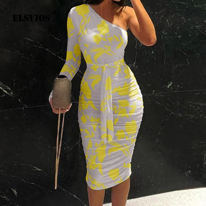 

Sexy One Shoulder Long Sleeve Slim Midi Dress Women Fashion Printing High Waist Vestidos Spring New Casual Lace-Up Party Dresses