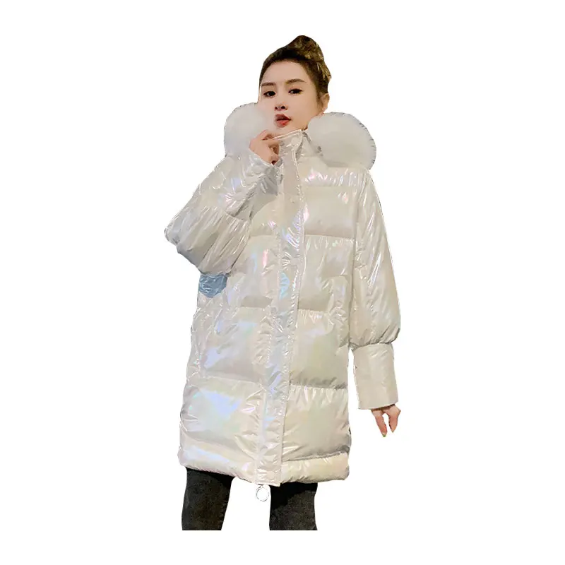 Chic Women Medium Long Winter Jacket Hooded Fur Collar Detachable Glossy Windproof BIO Down Coat Oversize Cotton padded Parkas | Женская