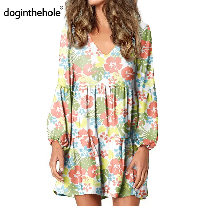 

Doginthehole Women's Long Sleeve Swing Dress Tropical Hibiscus Pattern 2020 Fresh Tunic Top Teen Girls Stylish V-Neck Sundress