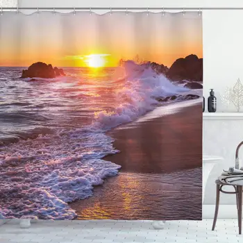 Ocean Decor Collection, Forceful Sea Waves Hits to Rocks on the Sandy Beach and Bubbles at a Sunset Picture, Polyester Fabric
Ocean Decor Collection, Forceful Sea Waves Hits to Rocks on the Sandy Beach and Bubbles at a Sunset Picture, Polyester Fabric