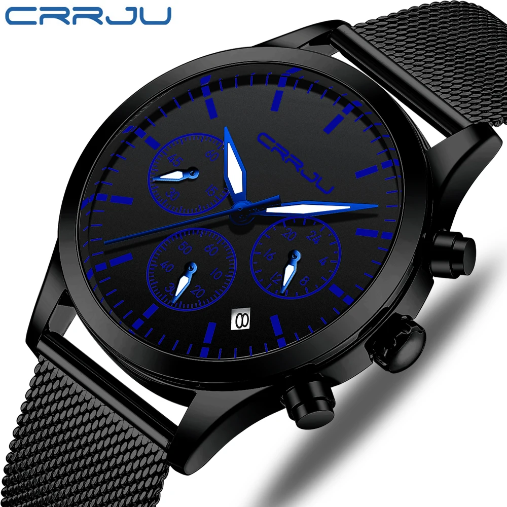 

CRRJU 2021 Mens Watches with Stainless Steel Waterproof Analog Quartz Fashion Business Chronograph Watch for Men, Auto Date