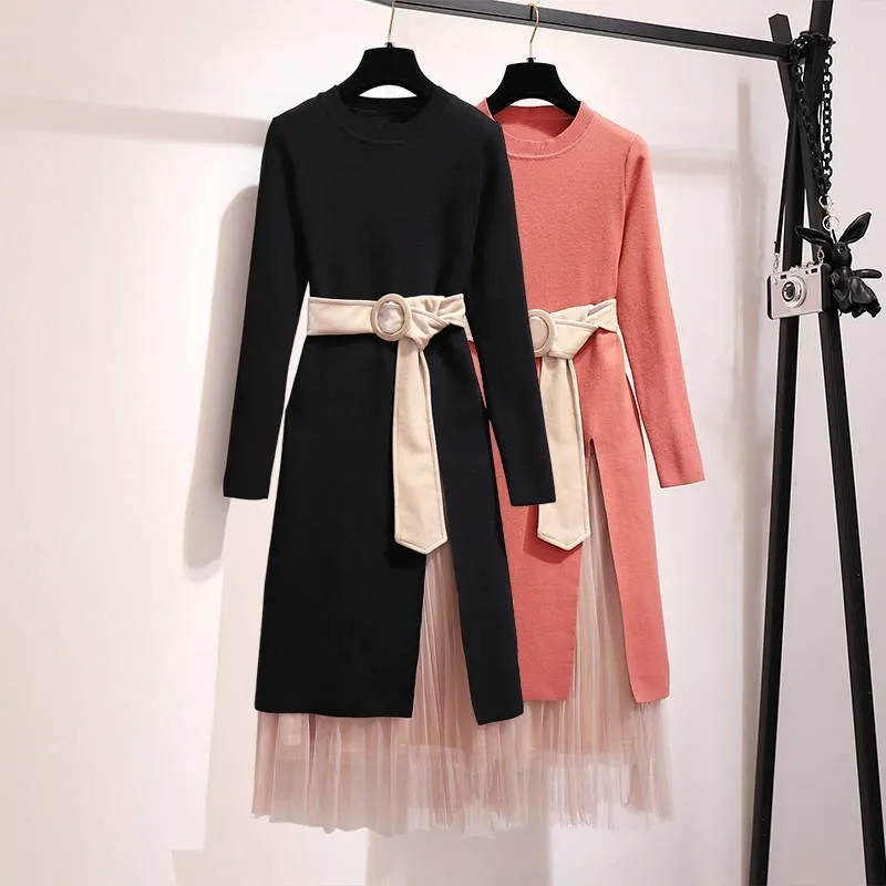 

Fashion Autumn Winter 2 Piece Set Outfits for Women Elegant Long Belted Knitted Dress + Mesh Skirt Set Sweetsuit Woman Clothes