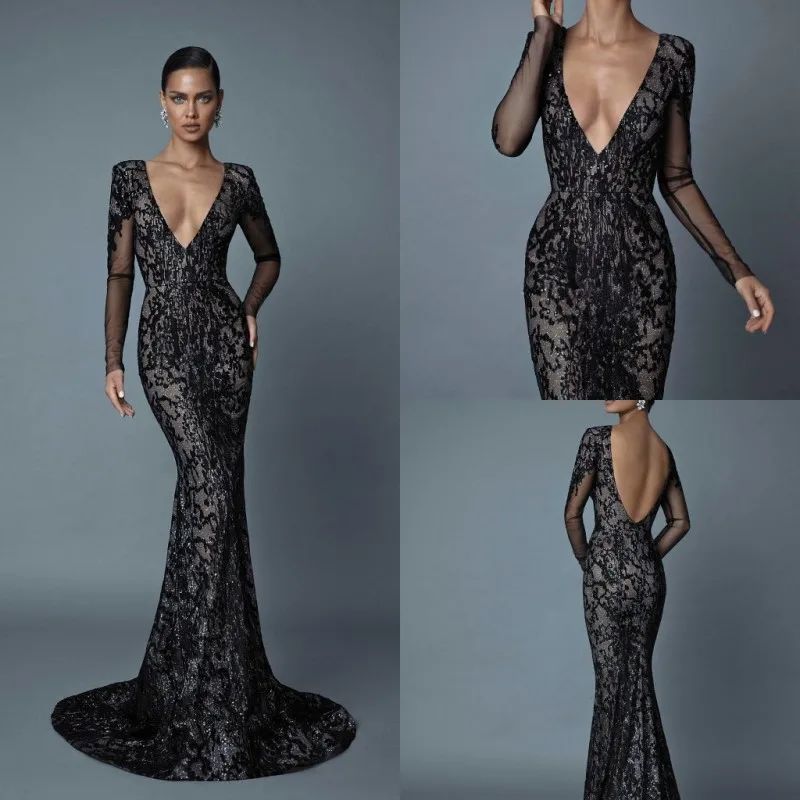 

2020 Evening Dresses V Neck Long Sleeves Lace Appliques Sequins Special Occasion Gowns Sexy Backless Sweep Train Prom Dress