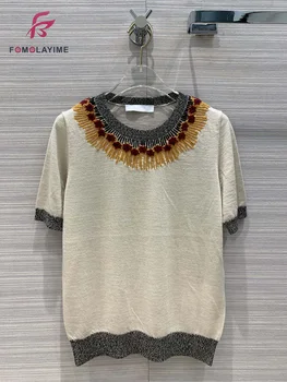 Spring Summer New high Quality Women's T-shirt Hook Flower Round Collar Contrast Color Edge Elegant Temperament T-shirt
Spring Summer New high Quality Women's T-shirt Hook Flower Round Collar Contrast Color Edge Elegant Temperament T-shirt