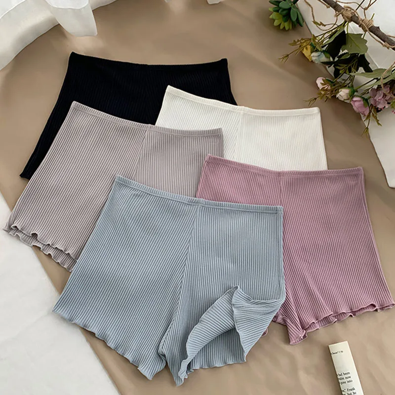 

Pearl Diary Women Rib Safety Pant Under Skirts Femme Soft Undies Stretch Waist Lettuce Hem Casual Anti Exposure Bottoms Short