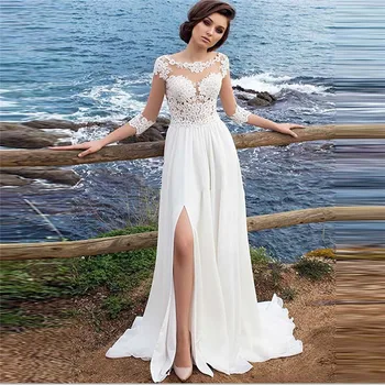 Quarter Sleeves Chiffon Long A-Line Wedding Dress Beach Split Side Lace Appliques See Through Back Bridal Gowns Spring 2020
Quarter Sleeves Chiffon Long A-Line Wedding Dress Beach Split Side Lace Appliques See Through Back Bridal Gowns Spring 2020