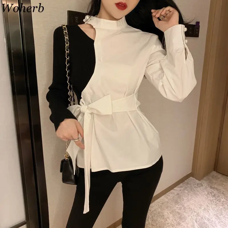 Woherb Hollow Out Patchwork Blouse Contrast Color Long Sleeve Lace Up Slim Waist Shirts Korean Fashion Tops Streetwear 91121
Woherb Hollow Out Patchwork Blouse Contrast Color Long Sleeve Lace Up Slim Waist Shirts Korean Fashion Tops Streetwear 91121