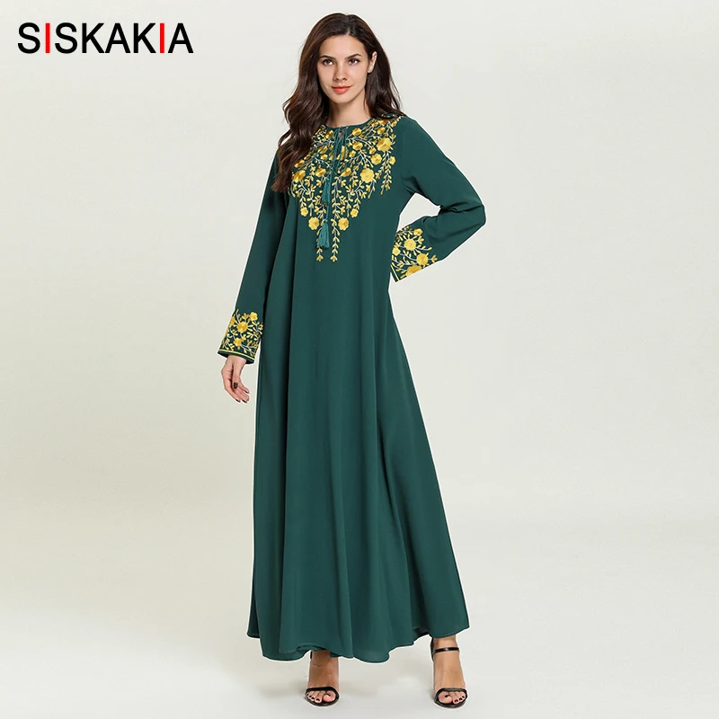 

Siskakia Elegant Arabian Long Dress Brief Round Neck Long Sleeve Swing Muslim Clothes Chic Floral Embroidery Plus Size Dresses