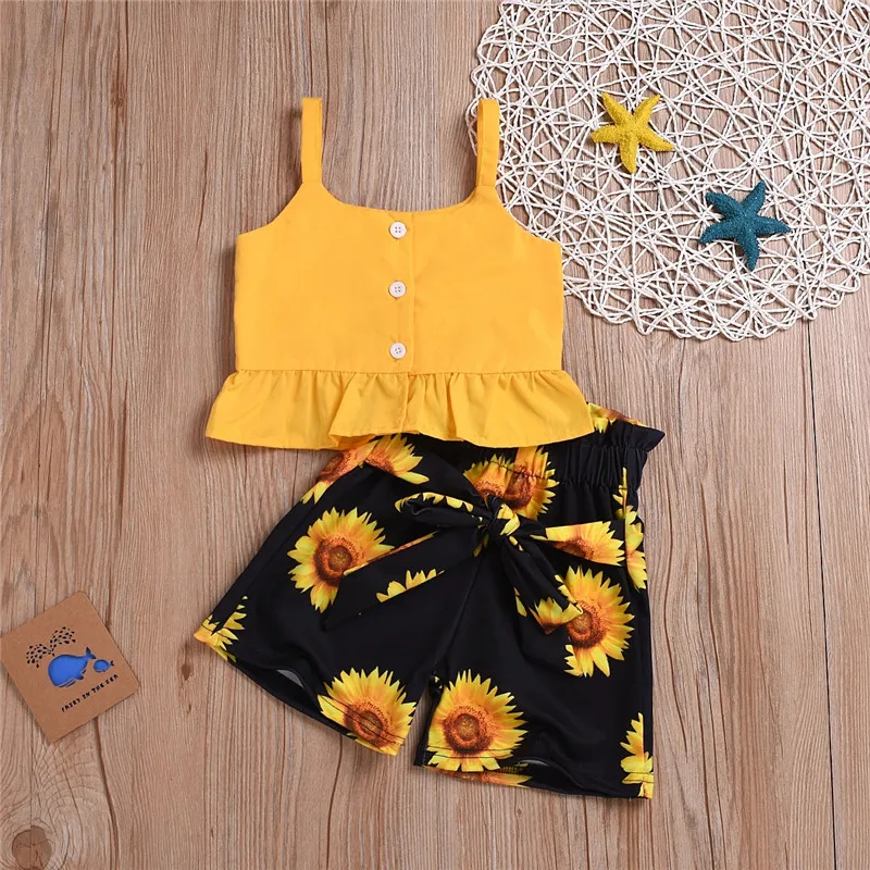 PatPat 2020 New Summer Baby and Toddler Solid Strappy Top and Sunflower Print Shorts Sets PatPat 2020 New Summer Baby and Toddler Solid Strappy Top and Sunflower Print Shorts Sets