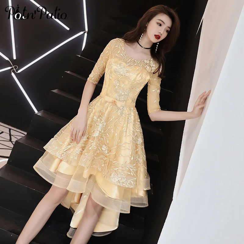 Gold Lace High Low Prom Dresses 2019 Elegant Scoop Neck Short Front Long Black Plus Size Wedding Guest Dresses
Gold Lace High Low Prom Dresses 2019 Elegant Scoop Neck Short Front Long Black Plus Size Wedding Guest Dresses