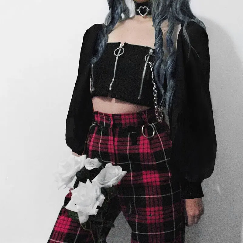 JIEZuoFang Готическая длинная футболка с пышными рукавами для женщин Harajuku панк черный