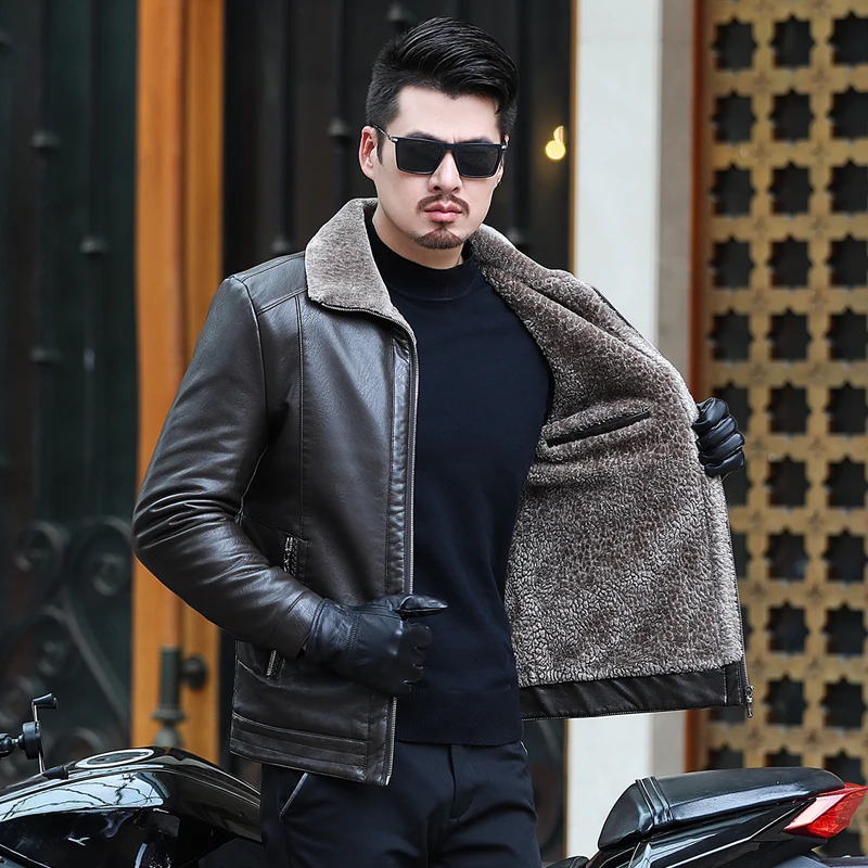 Zipper Closure for Men Leather Jacket Autumn Winter Warm Fur Lining Lapel Leather outerwear layer дубленка мужская кожаная Coat
Zipper Closure for Men Leather Jacket Autumn Winter Warm Fur Lining Lapel Leather outerwear layer дубленка мужская кожаная Coat