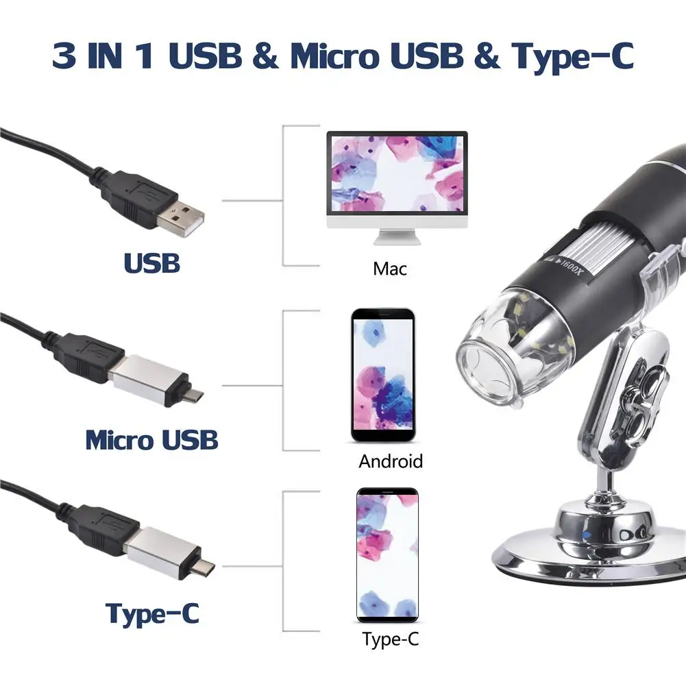 Mega Pixels 1600X 8 LED Digital Microscope Type-C/Micro For Android phone USB For PC Magnifier Electronic Stereo USB Endoscope C
Mega Pixels 1600X 8 LED Digital Microscope Type-C/Micro For Android phone USB For PC Magnifier Electronic Stereo USB Endoscope C