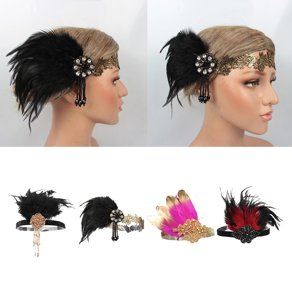 Women's Vintage Feather Headband, 20s Flapper Headband - Roaring 1920s Headpiece, Black/Red Women's Vintage Feather Headband, 20s Flapper Headband - Roaring 1920s Headpiece, Black/Red