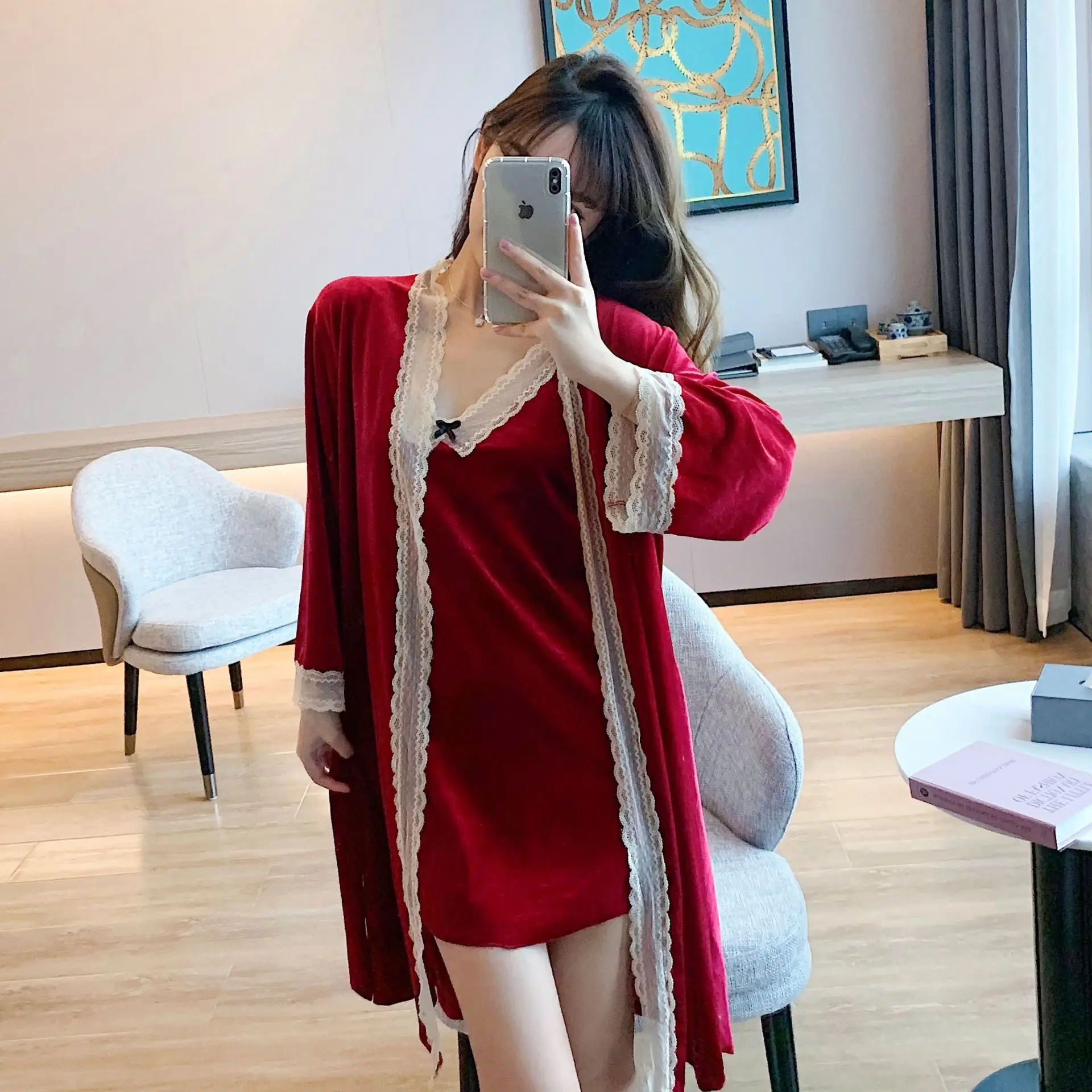 

Velour 2PCS Women Robe Sets Sexy Backless Lace Nightdress Strap Top Nightgown Kimono Bride Dressing Gown Autumn Loose Homewear