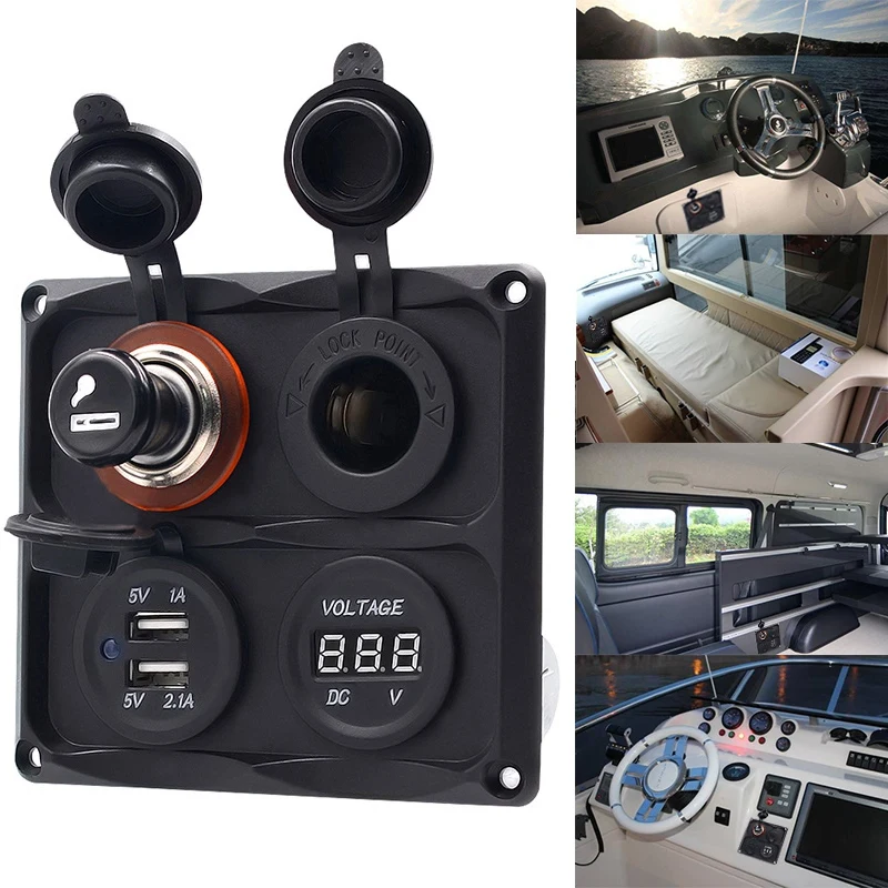 12/24V cigarette lighter + voltmeter + power seat + dual USB combination four-hole panel
12/24V cigarette lighter + voltmeter + power seat + dual USB combination four-hole panel