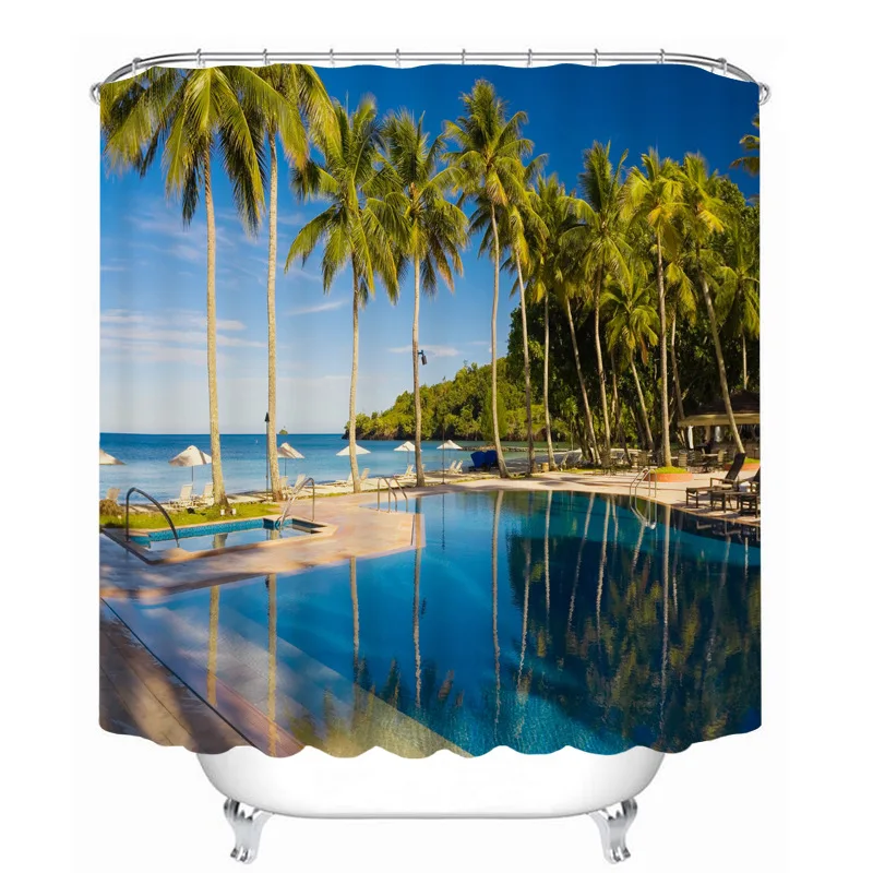 Занавеска для душа водонепроницаемая с 3d-изображением кокосового дерева и пляжа
