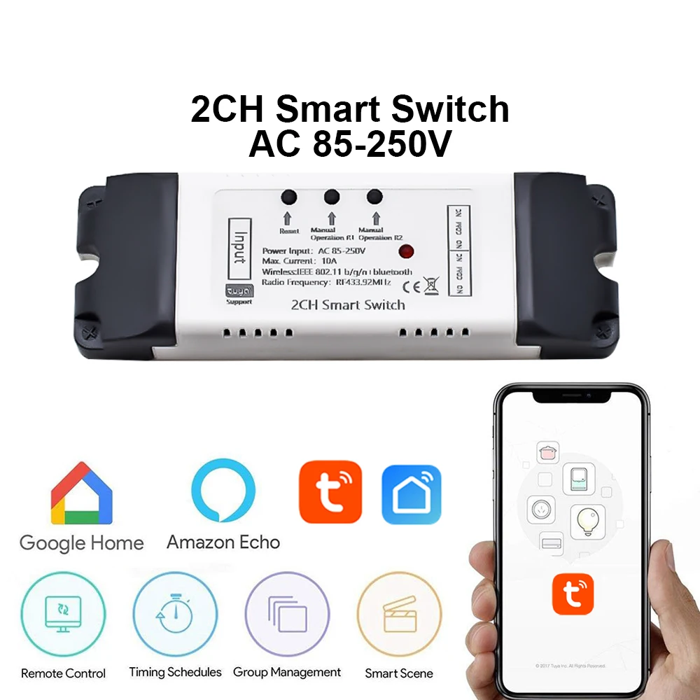 Умный выключатель 2CH tuya 220 В 85-250 USB 5 10 А реле Wi-Fi RF 433 МГц пульт дистанционного