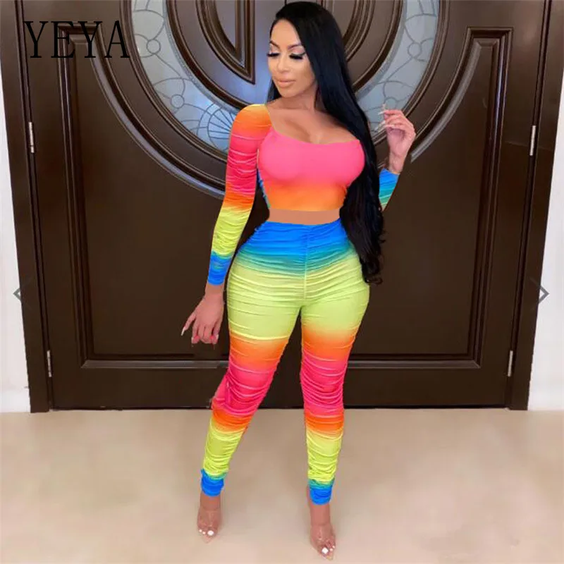YEYA Women Two Piece Set High Street Rainbow Striped Stacked Crop Tops Pencil Ruched Pants Autumn Matching Set Fitness Outfit
YEYA Women Two Piece Set High Street Rainbow Striped Stacked Crop Tops Pencil Ruched Pants Autumn Matching Set Fitness Outfit
