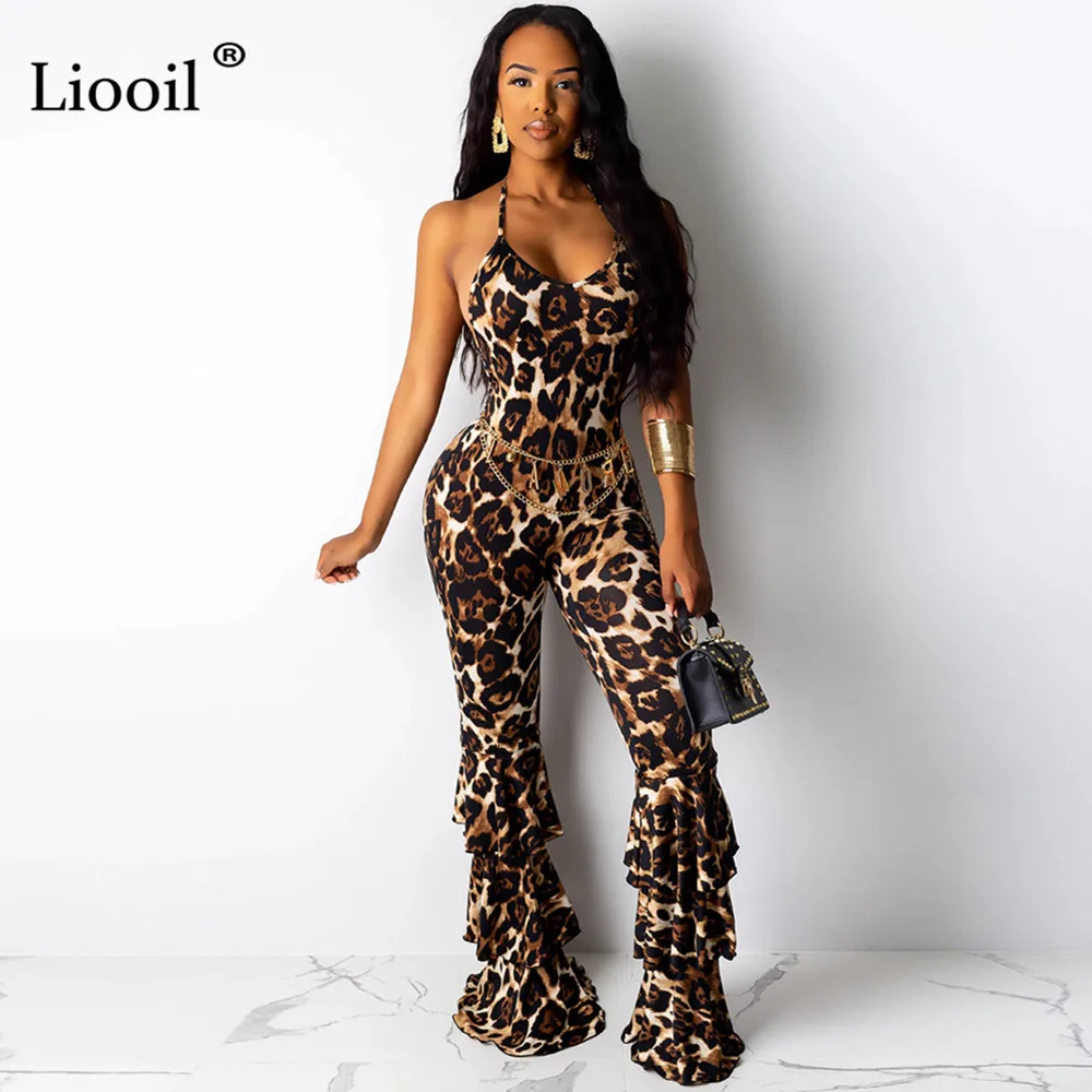 

Liooil Leopard Print Backless Sexy Tight Flare Jumpsuit Clubwear 2019 V Neck Hight Waist Party Bell Bottom Jumpsuits Long Pants
