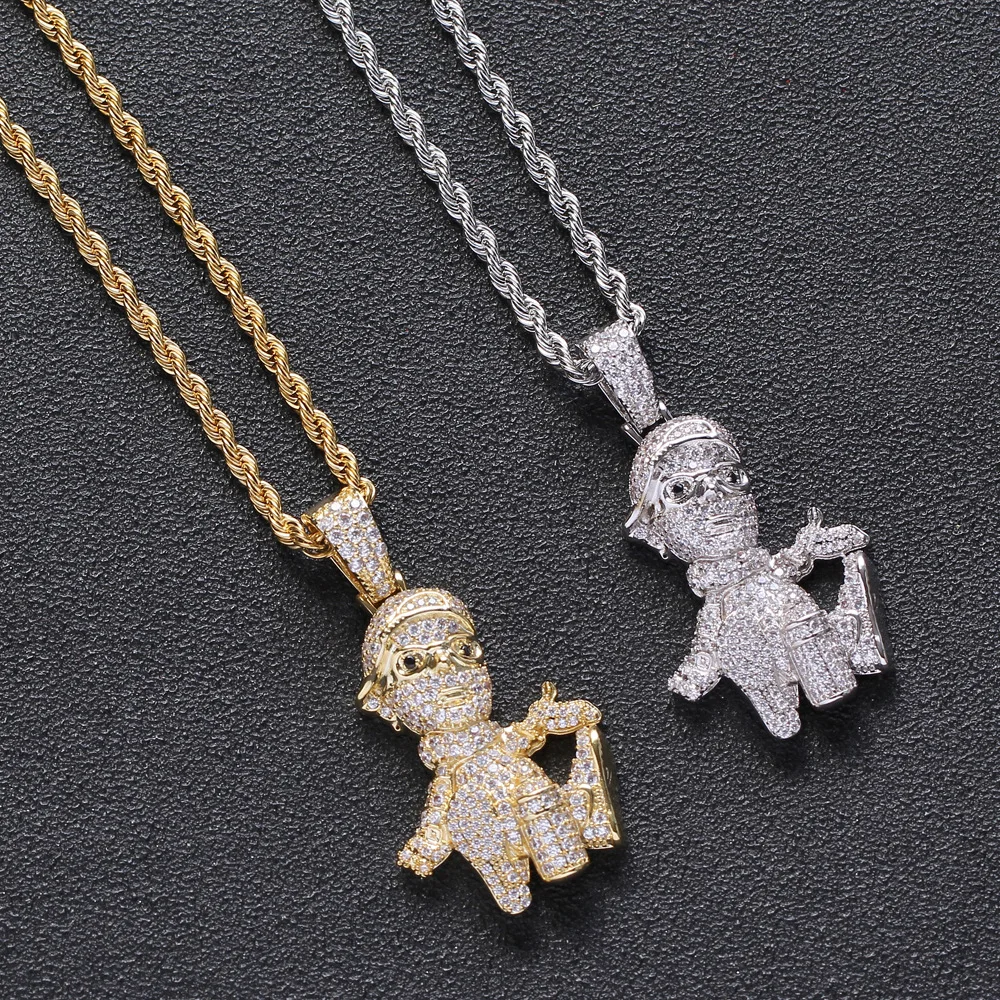 

18K Gold Plated Fully Iced Out CZ Simulated Diamond Chain Cartoon Character Wine Bottle Hip Hop Pendent Necklace for Men Women