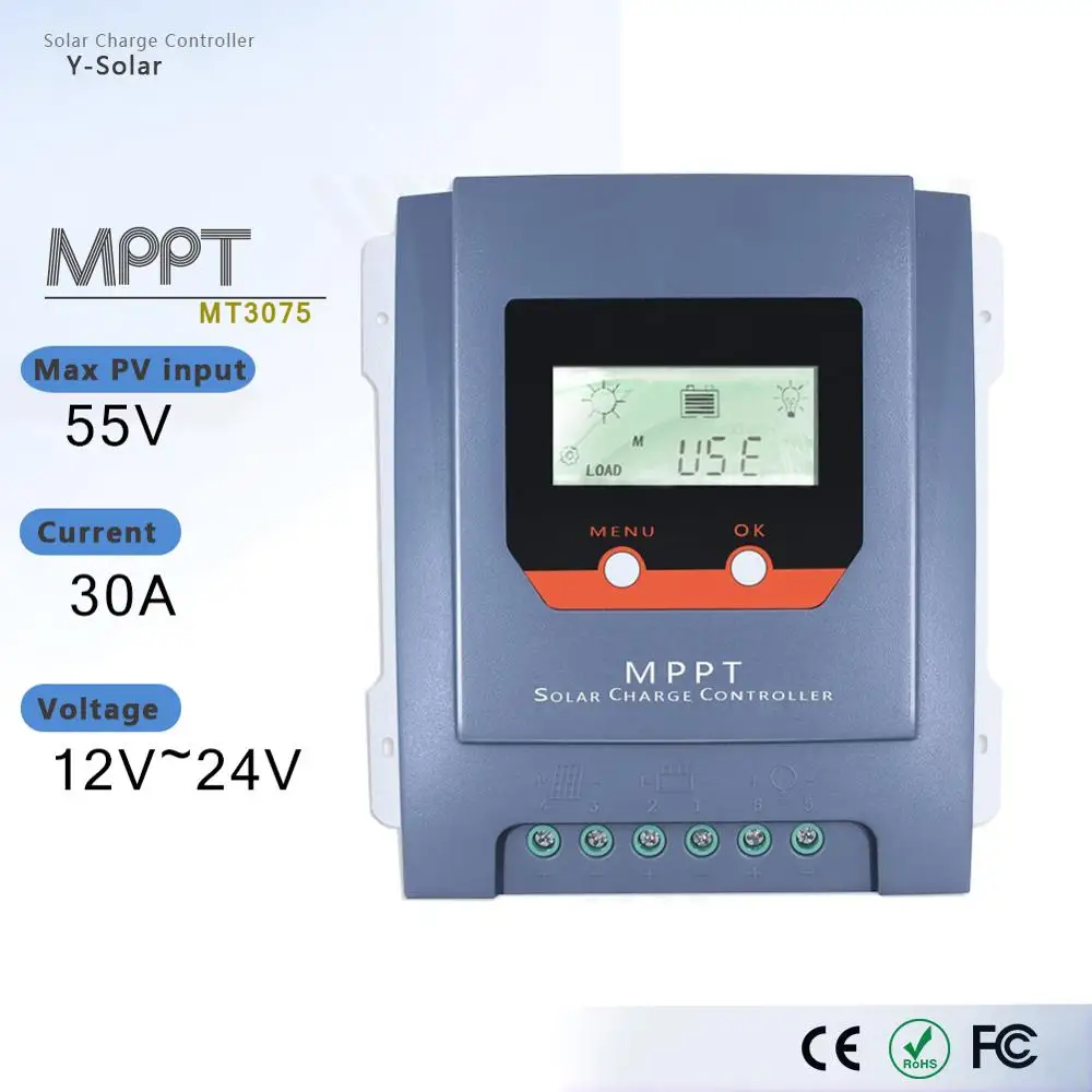MT3075 30A MPPT Solar Charge Controller 12V/24V Auto Solar Panel Battery Charge Regulator with LCD Display and Dual USB Output
MT3075 30A MPPT Solar Charge Controller 12V/24V Auto Solar Panel Battery Charge Regulator with LCD Display and Dual USB Output