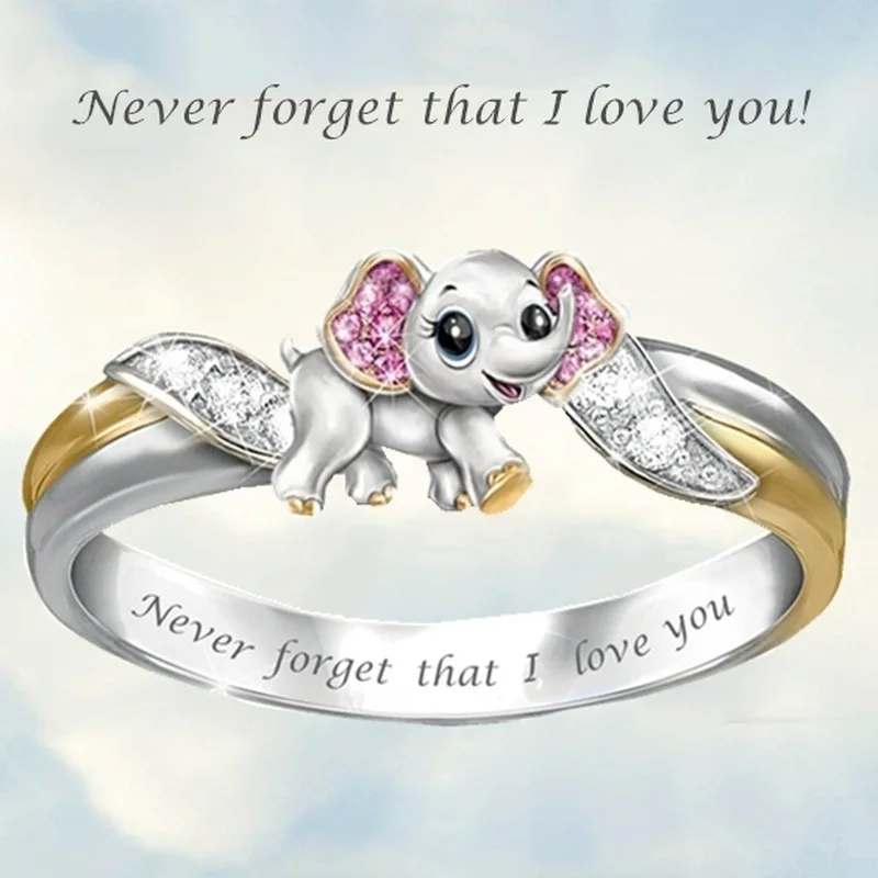 Фото &quotNever Forget I Love You" Silver Cute Pink Elephant Crystal Zircon Engagement Ring Accessories Lover's Gift Anniversary Jewelry |