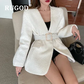 RUGOD Temperament Lamb Wool Jacket Women Fashion Office Lady Notched Collar Blazer Coat Fashion Autumn Winter Belted Jacket