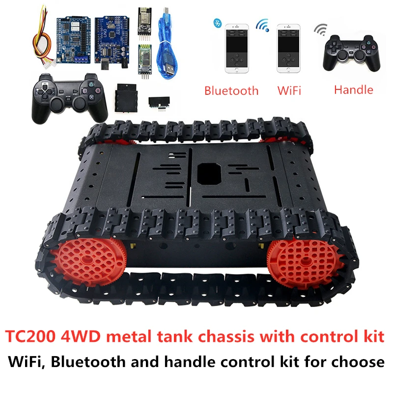 

TC200 Smart 4WD Metal Tank Chassis with Control Kit, 4pcs TT Motors, Plastic Wheels, Rubber Track DIY Toy for Arduino Education