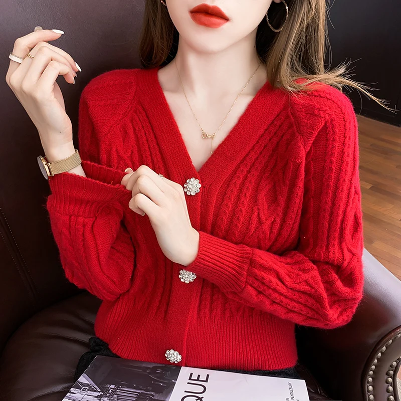 

Twist Knot Knitted Sweaters Autumn and Winter Korean V-neck Bottoming Long-sleeved Cardigan Top Loose and Thin Cardigan Women