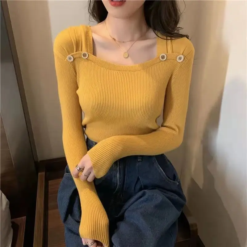 

Lucyever 2021 Autumn New Square Collar Knit Pullover Women Solid Long Sleeve Slim Sweaters Fashion Chic Button Ribbed Jumper