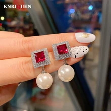 

Charms 925 Sterling Silver 12mm Pearl 7*7mm Ruby Drop Earrings for Women Elegant Party Wedding Fine Jewelry Anniversary Gifts