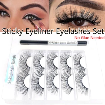 

1 Set Self Adhesive Eyeliner False Eyelashes Set No Need Glue to Wear Eyelashes Handmade Reusable Natural Long Wispies Lashes