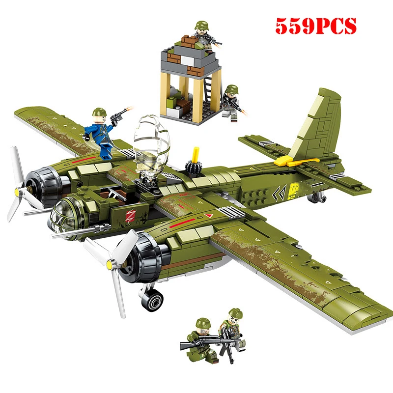 559pcs WW2 Military Bomber Building Blocks Army Soldier Figure Compatible Legoing City Helicopter Weapon bombing plane Block Toy
559pcs WW2 Military Bomber Building Blocks Army Soldier Figure Compatible Legoing City Helicopter Weapon bombing plane Block Toy