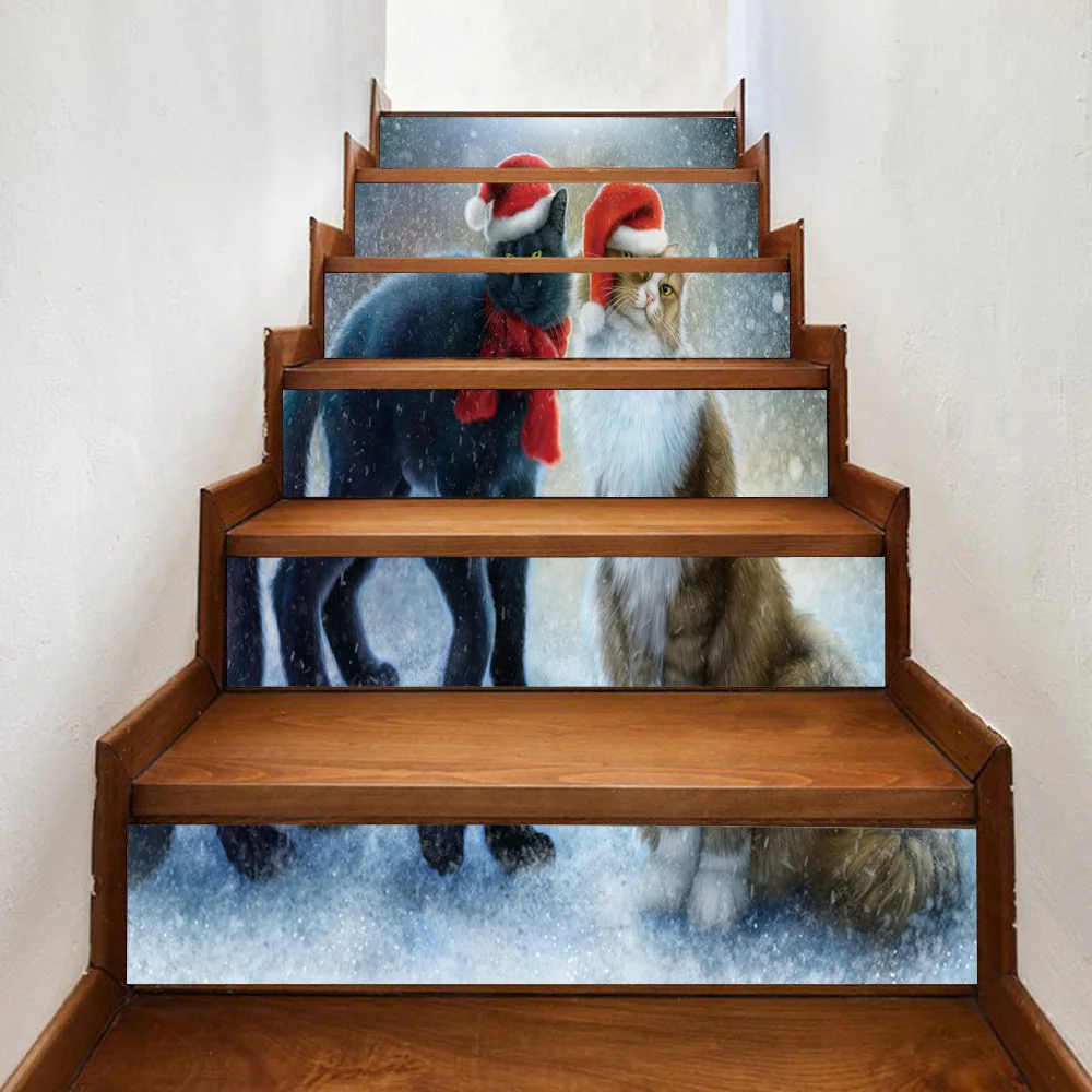 6 шт./13 шт. симпатичная Рождественская елка Кот 3D наклейка лестница самоклеящиеся