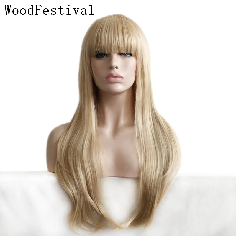 

WoodFestival Womens Cosplay Synthetic Wig with bangs Wavy Blonde Brown Burgundy Heat Resistant Female Long Hair Wigs for Women