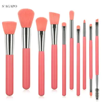 S'AGAPO 10pcs Makeup Brushes Tools Set Eyeshadow Eyebrows Fundation Powder Concealer Blush Professional Face Makeup Brushes tool