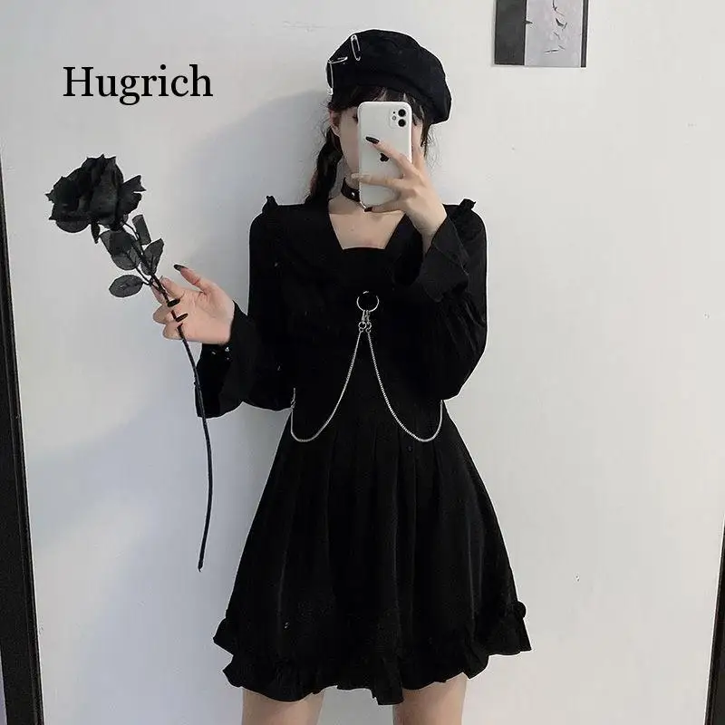 

Japanese Harajuku Dark Style 2021 Spring New Dresses Vintage Long Sleeve Dress Sweety Ruffles Hepburn Black Mini Dress