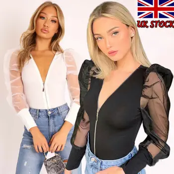 Womens Zip Up Bodysuit Puff Sleeve Jumpsuit Sexy V Neck Ladies Mesh Sleeve Top Feamle Sexy Ruffles Playsuit 
Womens Zip Up Bodysuit Puff Sleeve Jumpsuit Sexy V Neck Ladies Mesh Sleeve Top Feamle Sexy Ruffles Playsuit