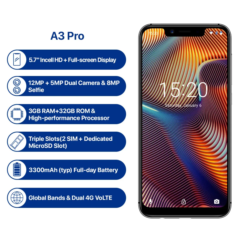 UMIDIGI A3 Pro Android 9.0 Global Band 5.7"19:9 FullScreen smartphone 3GB RAM 32GB ROM Quad core 12MP+5MP Face Unlock Dual 4G
UMIDIGI A3 Pro Android 9.0 Global Band 5.7"19:9 FullScreen smartphone 3GB RAM 32GB ROM Quad core 12MP+5MP Face Unlock Dual 4G