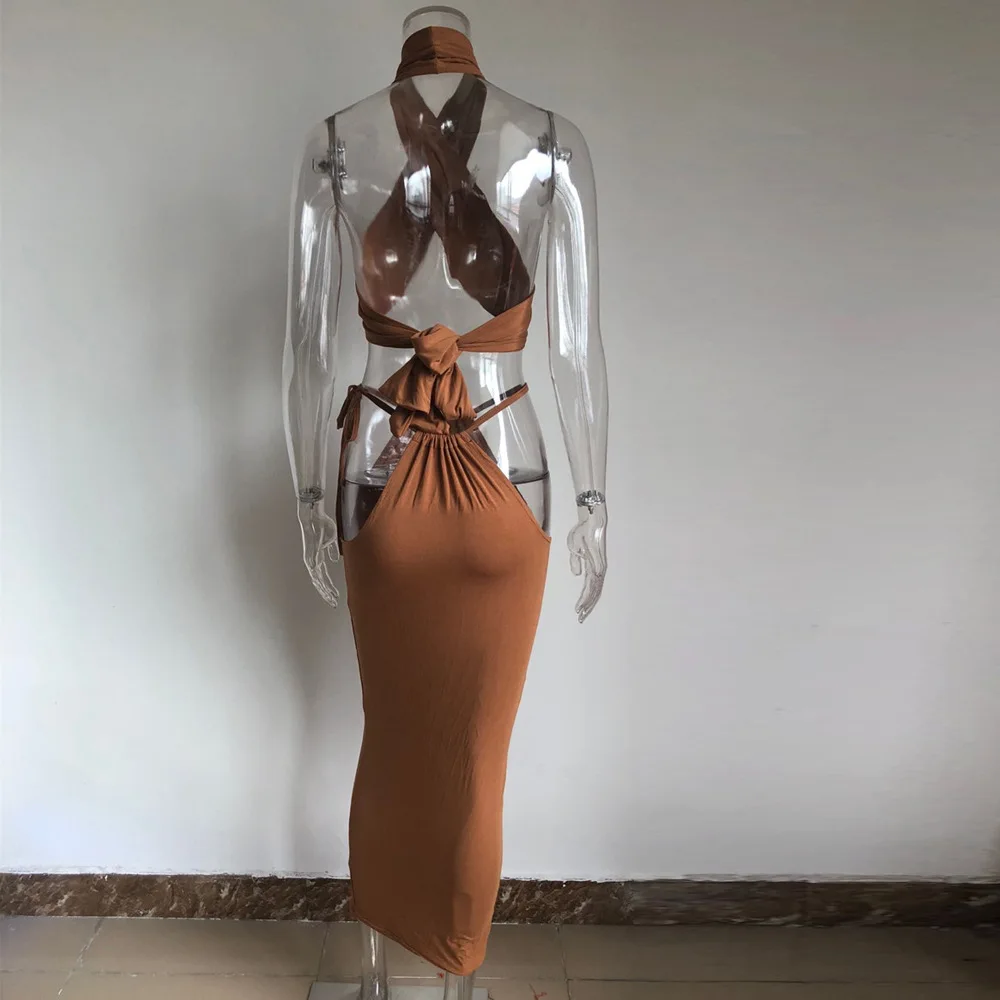 KGFIGU two pieces 2019 Summer cotton strap backless matching sexy halter neck cut out tops and pencil skirts wholesale price
