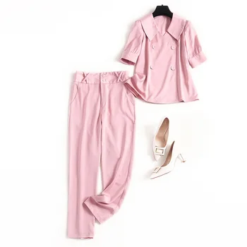 Women plus size pant suit 2020 spring summer peter pan collar double breasted short sleeve tops satin 2 piece set pink black
Women plus size pant suit 2020 spring summer peter pan collar double breasted short sleeve tops satin 2 piece set pink black