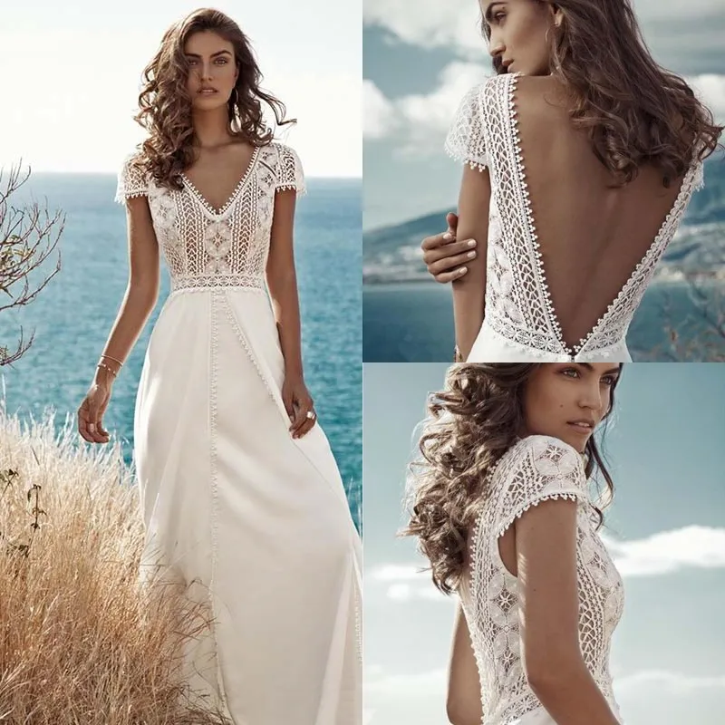 

Boho Lace Chiffon Wedding Dresses 2023 V Neck Backless Beach Bride Dress Cap Sleeve Sweep Train Bohemian Robe de mariee A Line