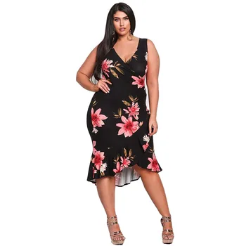 

4XL Plus Size Dresses 2019 Party Spring Summer Ruffles Sheath Dress Sexy V Neck Sleeveless Tall Women Sundress Black Vestidos