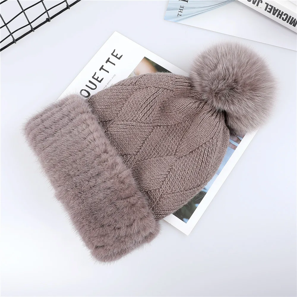 

Top Quality Women's Winter Knitted Wool Belend Patchwork Real Mink Fur Hat Cap Natural Fox Fur Pom Poms Beanie Lady Fashion